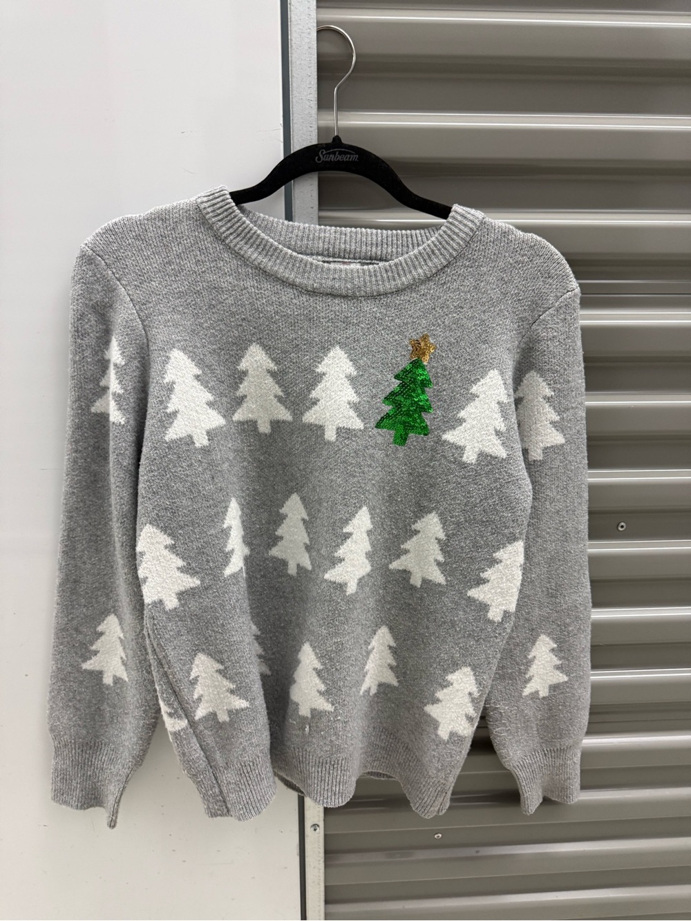 Holiday Time Gray Crewneck Sweater with White Trees and Green Accent